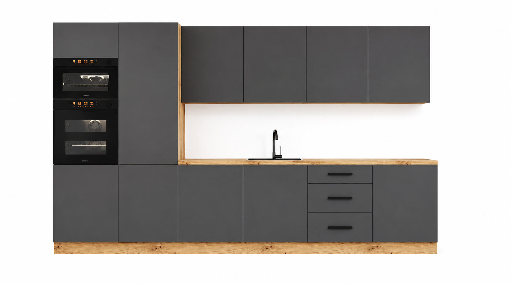 KÜCHENZEILE 360 cm – Nexa K109-G360 – in Grau / Matt - Schwarz/Grau, Holz/Metall (360/212/58cm) - ROYAL24_MARKT