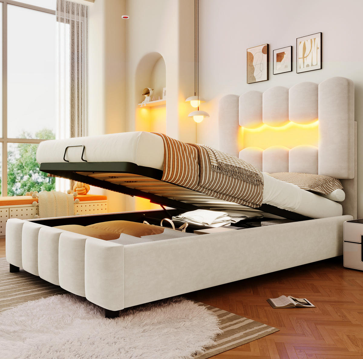 POLSTERBETT mit Stauraum und LED 90x200 cm Velours Beige - Beige, Metall (90/200cm) - Meubliv