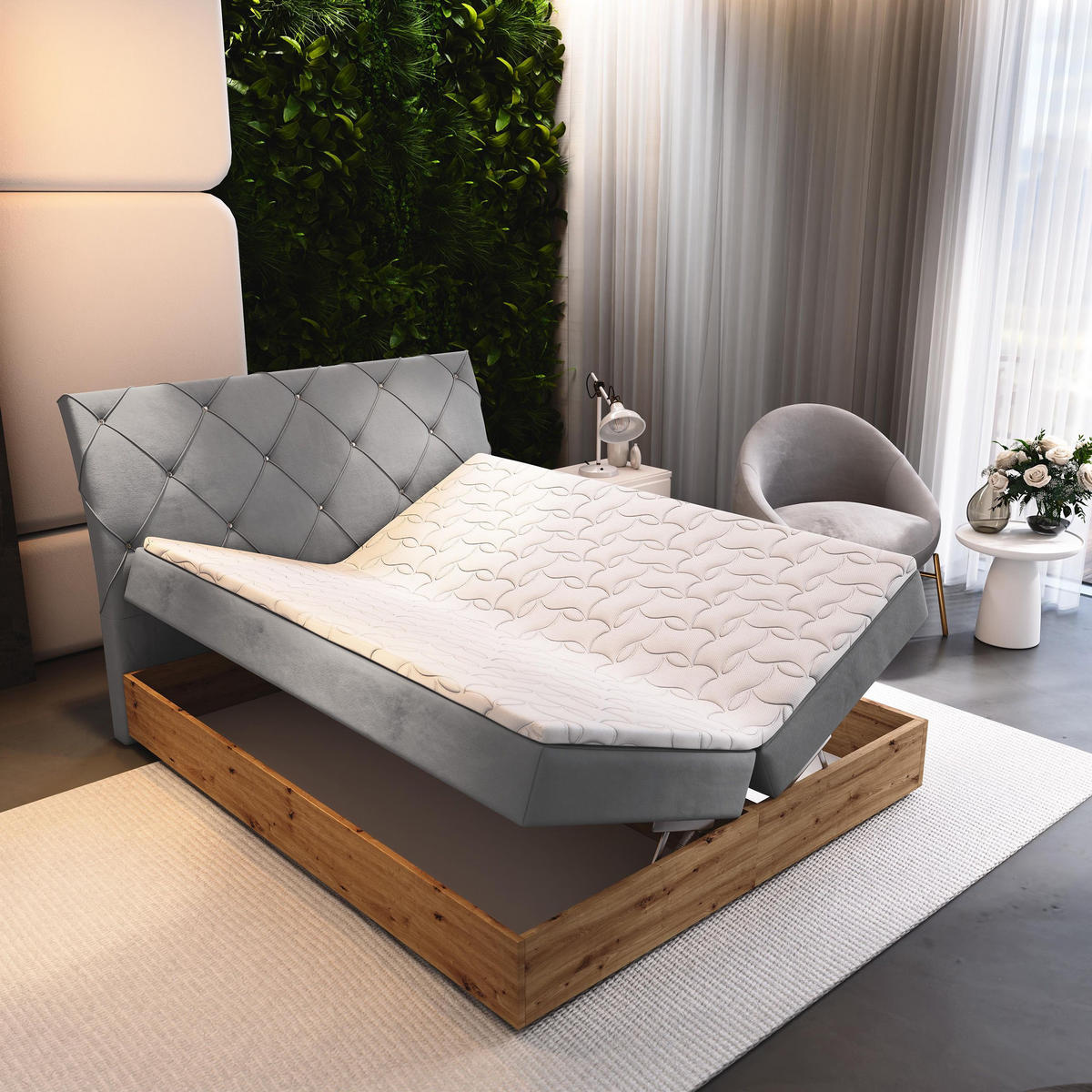BOXBETT VELLANO 140x200 cm mit Matratze und Topper - Hellgrau - Hellgrau, Holz (140/200cm) - MASSENO