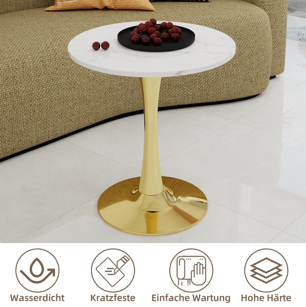 BEISTELLTISCH 70/70/72 cm mit runder Tischplatte in Marmoroptik und filigranem Design, Golden White - Goldfarben, Stein (70/70/72cm) - Redom