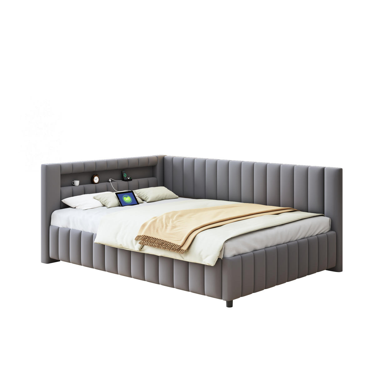POLSTERBETT mit LED-Beleuchtung 140/200 cm in Grau mit Samtbezug und USB - Grau, Textil (140/200cm) - BEAOK