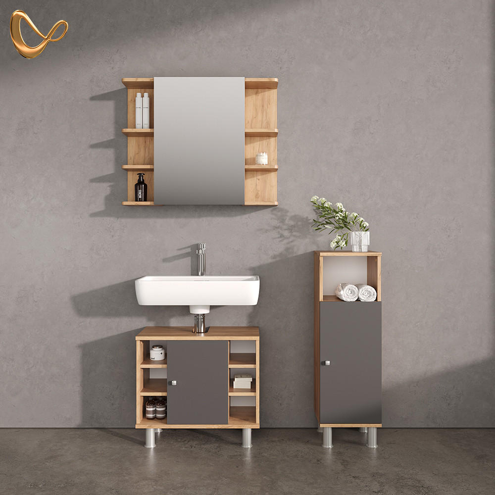 BADMÖBEL-SET Fucino Eiche 3 Teile, mit Midischrank - Eichefarben/Anthrazit, Holzwerkstoff (79/64/21cm) - Livinity®