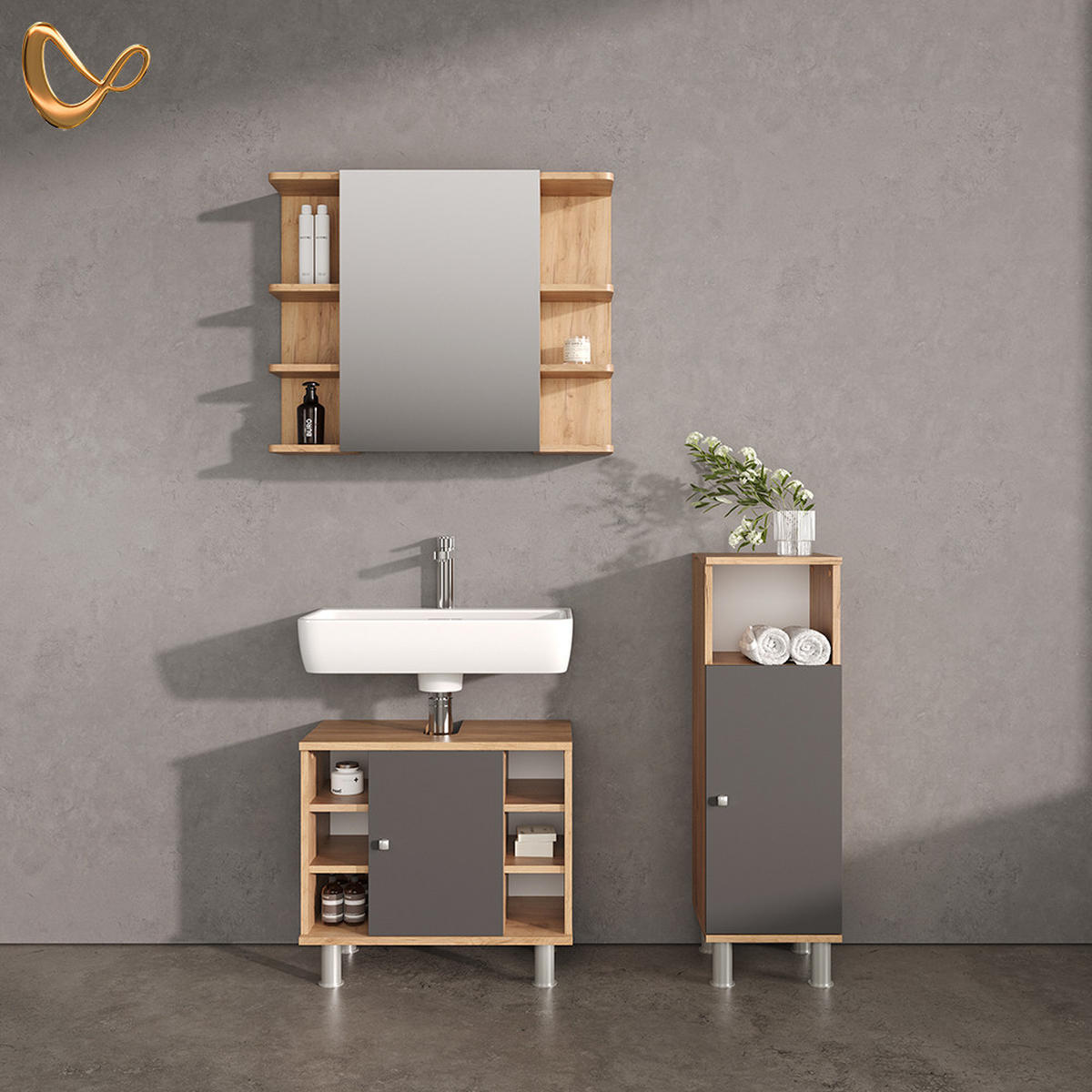 BADMÖBEL-SET Fucino Eiche 3 Teile, mit Midischrank - Eichefarben/Anthrazit, Holzwerkstoff (79/64/21cm) - Livinity®