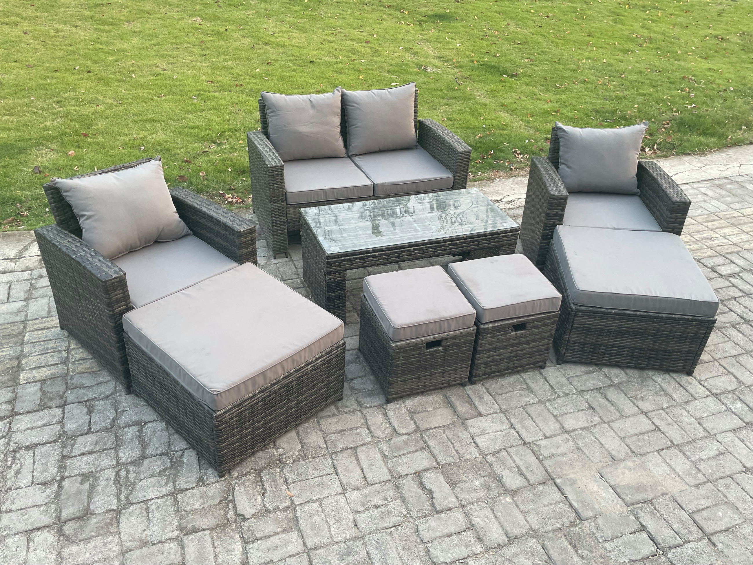 Thumbnail - Fimous Gartenmöbel-Set, Dunkelgrau, Metall, 8-Sitzer, rechteckig, Loungemöbel, Loungemöbel-Sets
