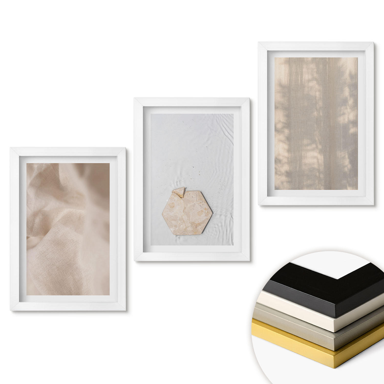 WANDBILDER 3er-Set - 20x30 cm Weißer Rahmen - Subtile Texturen, Boho-Natur - Weiß, Kunststoff (20/30cm) - ArtPrintCave