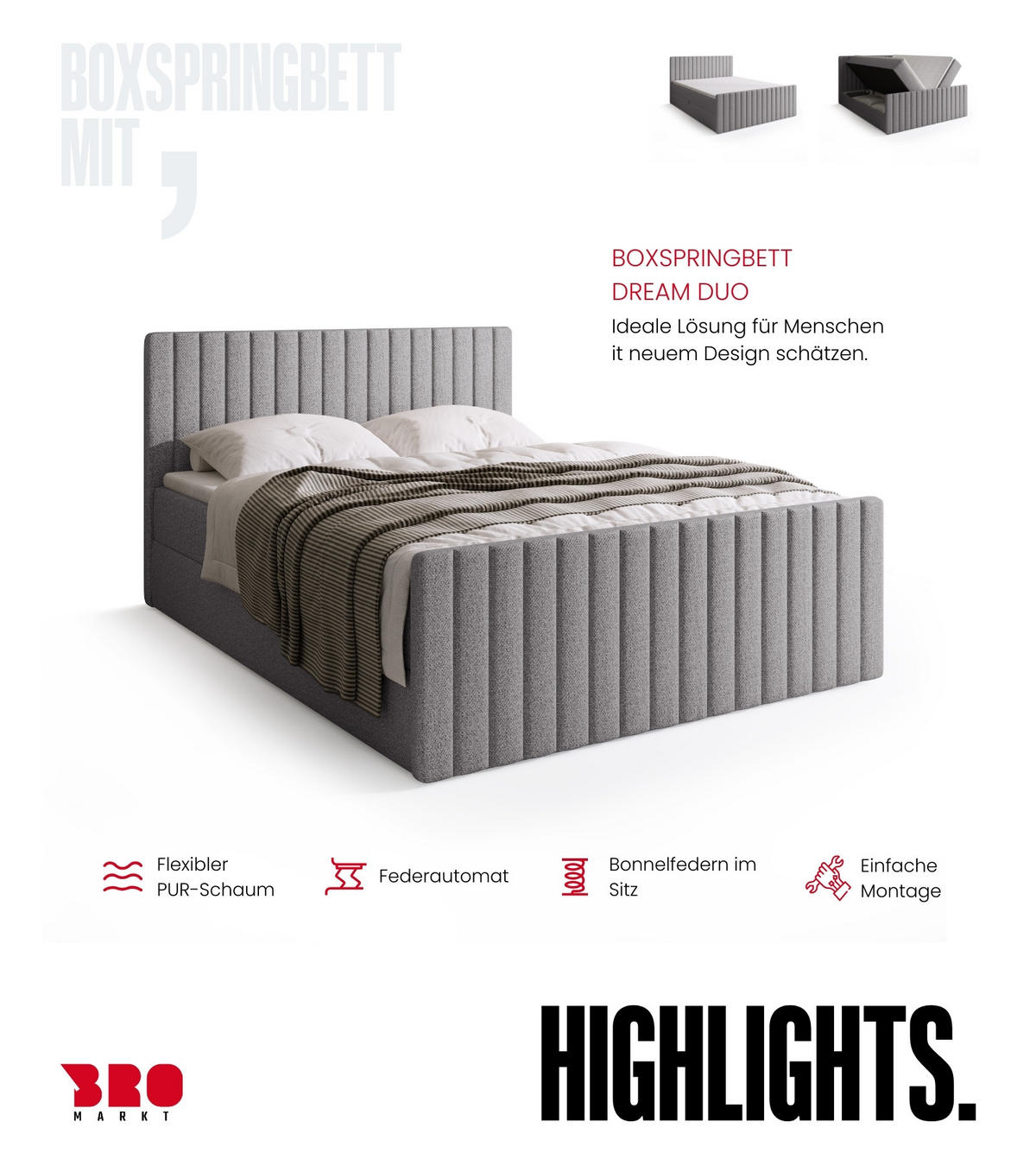 BOXSPRINGBETT Dream Duo mit Topper 140/200 Hellgrau - Hellgrau, Kunststoff (140/200cm) - Bromarkt