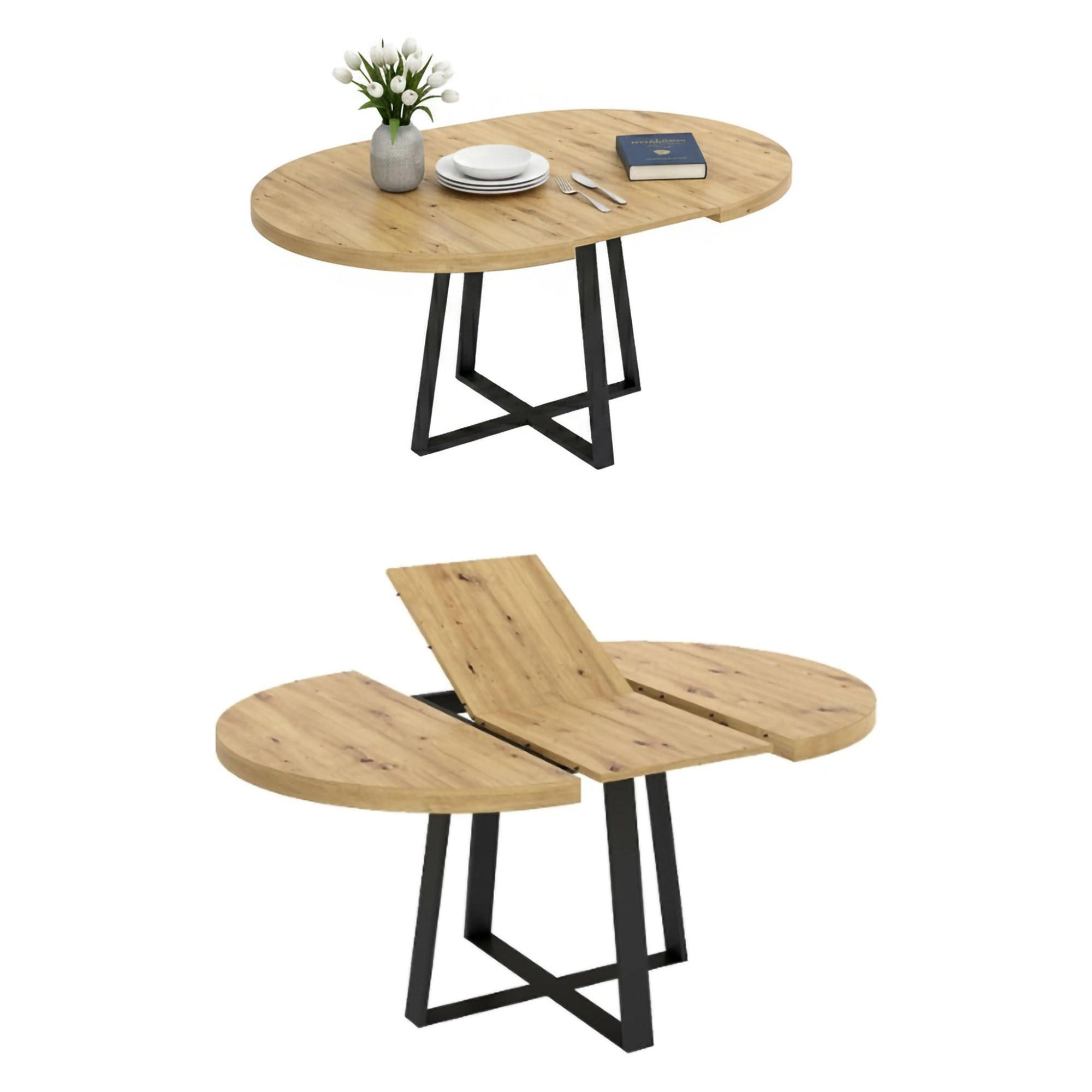 ESSTISCH ausziehbar Holz-Effekt Knoteneiche 110x158h77 - Schwarz, Metall (110/158/77cm) - DMORA