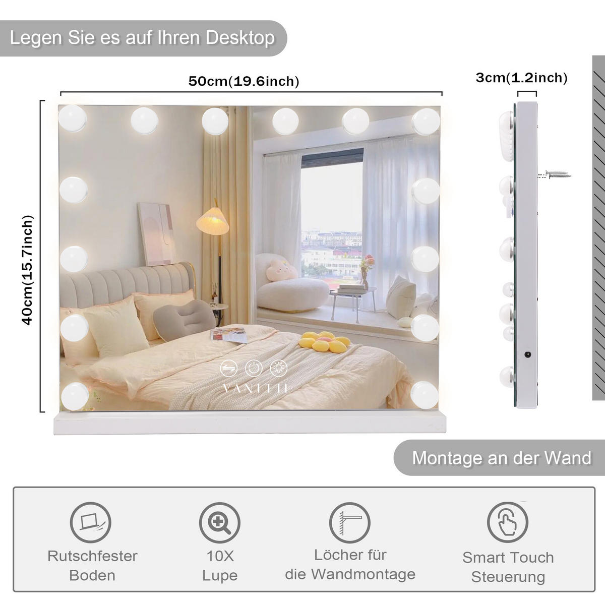 SCHMINKSPIEGEL mit LED-Beleuchtung weiß 50/40 cm - Weiß, Metall (50/40/3cm) - VANITII
