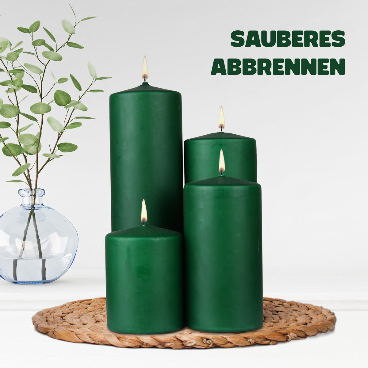 STUMPENKERZEN "Dunkelgrün", Größe Ø7cm x Höhe: 16 cm - Dunkelgrün, Naturmaterialien (7/16cm) - HS Candle