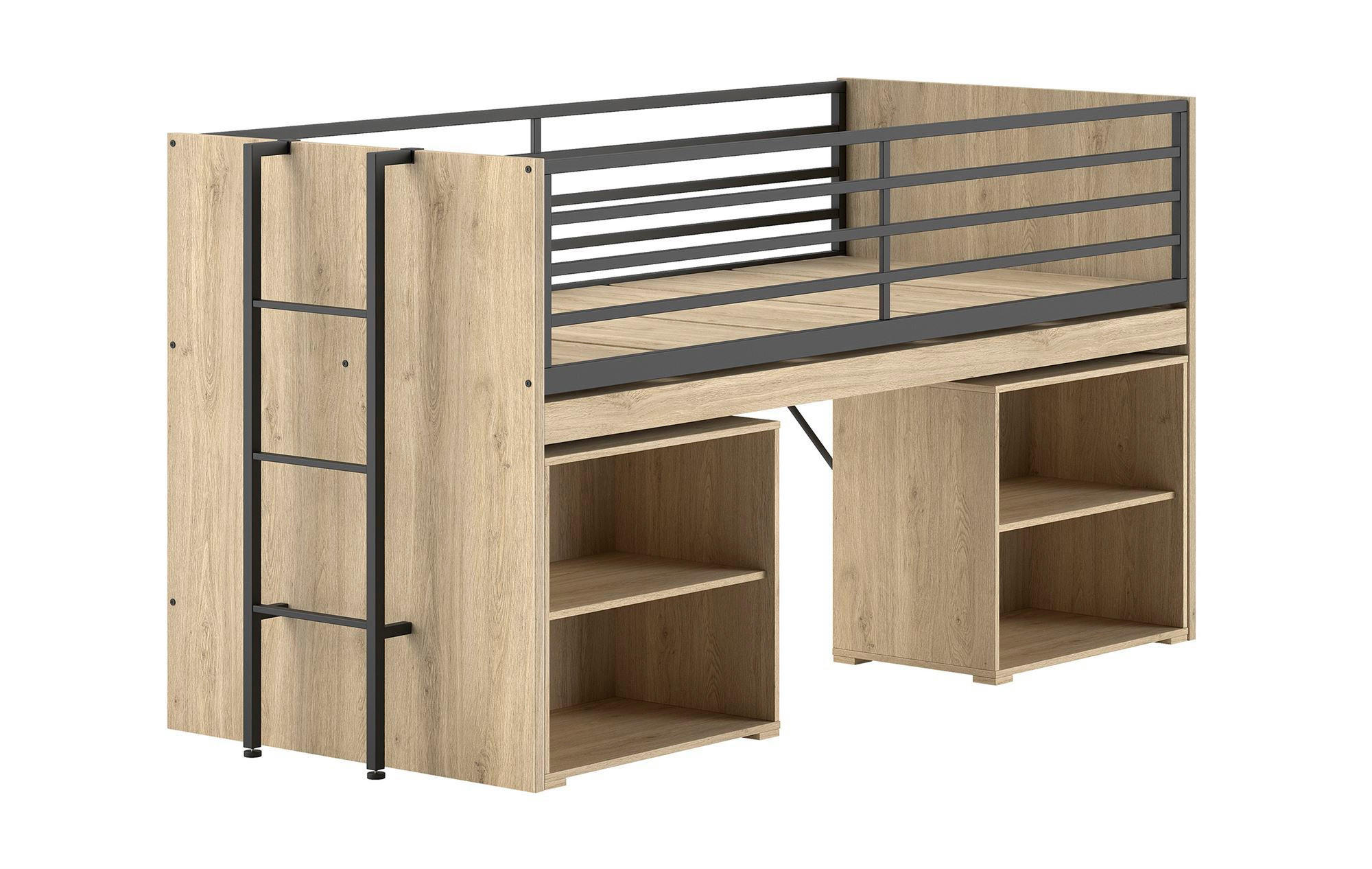 HALBHOCHBETT 90x200 Keelia Eiche mit Schreibtisch Stauraum - Eichefarben, Kunststoff (90/200cm) - 58aufmkessel