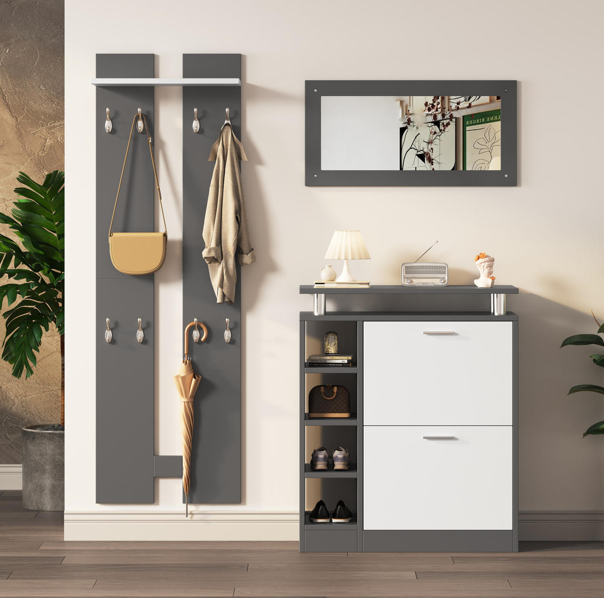 GARDEROBENSET 80/25/96,5 cm grau/weiß aus Spanplatte mit Spiegel und Schuhschrank - Weiß, Holzwerkstoff (80/96/25cm) - OKWISH