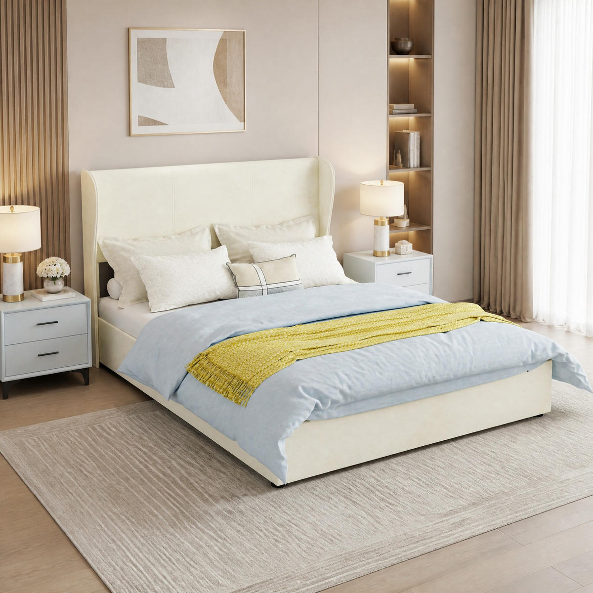 POLSTERBETT 140/200 mit hydraulischem Bettkasten, hohem Unterbau und gepolstertem Kopfteil in Beige - Beige, Holzwerkstoff/Textil (140/200cm) - EVRYAE
