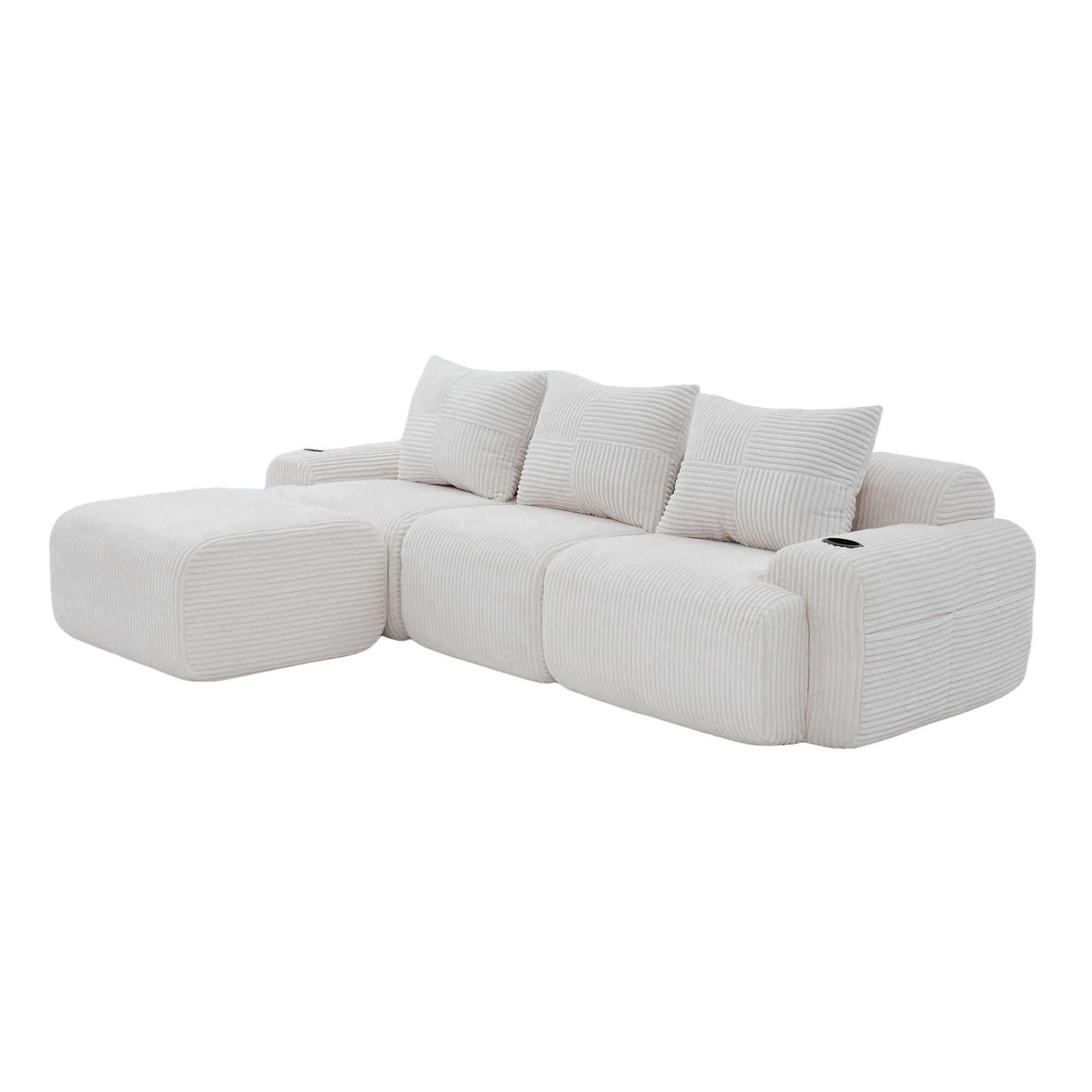 MODULARES 3-Sitzer Sofa Cordstoff mit Getränkehalter und Seitentasche 268/174/80 cm Beige - Beige, Textil (174/268cm) - Redom