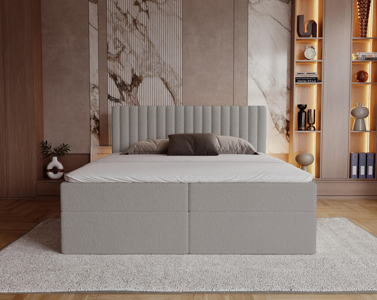BOXSPRINGBETT Boucle 140x200 Daliro mit Bettkasten, Matratze H3, Hellgrau - Hellgrau, Holz/Textil (140/200cm) - Emporius