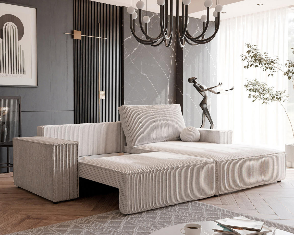 ECKSOFA HUGO Rechts, mit Schlaffunktion und Bettkasten, Creme - Creme, Textil (255/148cm) - Idohome