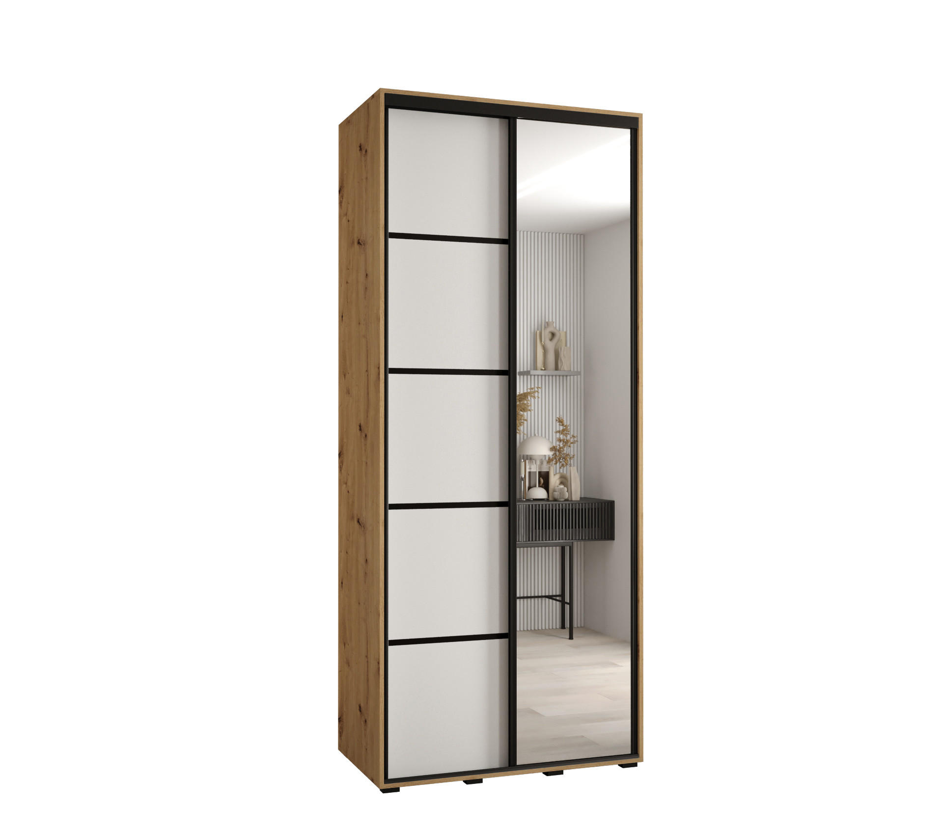 Abiks Möbel Schwebetürenschrank Eiche Artisan, Weiß, Schwarz 120x235x45 cm