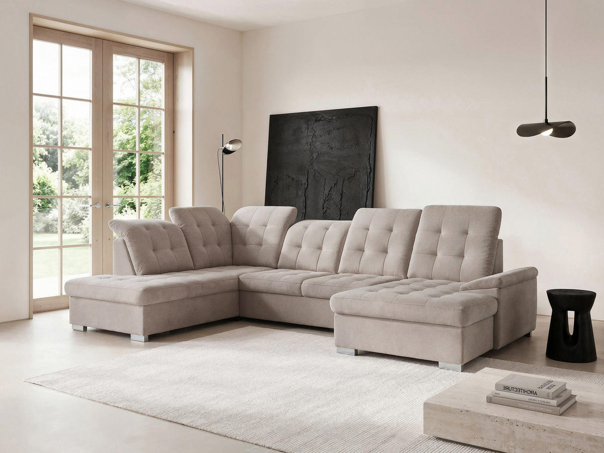 WOHNLANDSCHAFT ANON Ottomane Links, mit Schlaffunktion und Bettkasten, Beige - Beige, Kunststoff/Textil (322/87/220cm) - Idohome