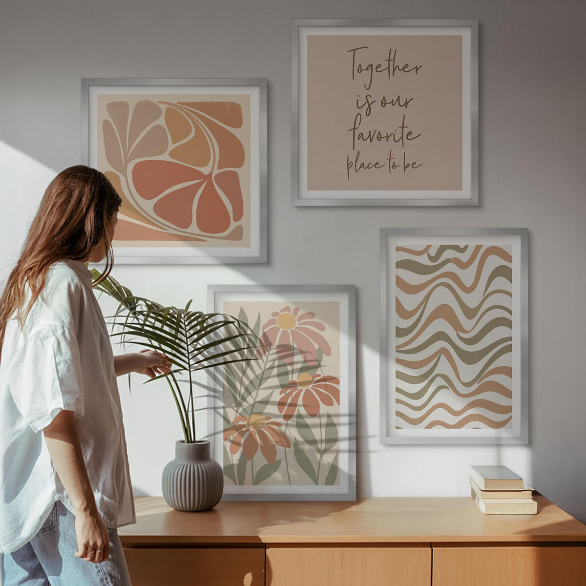 BILDER SET 4er Set - 50x50 cm & 40x60 cm Silberner Rahmen - Abstrakte Pastellblumen - Silberfarben, Kunststoff (50/50cm) - TULUP
