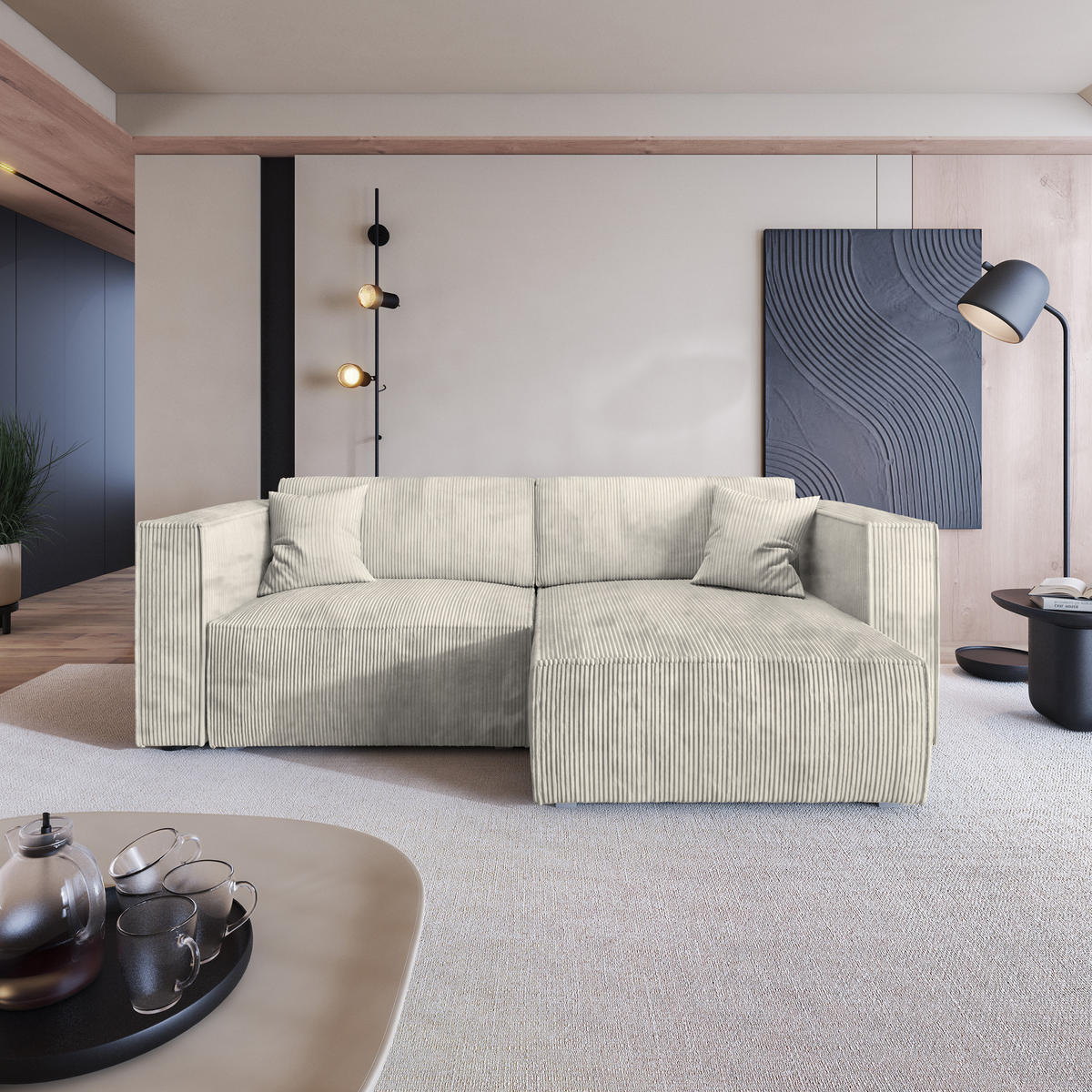 ECKSOFA NERIO P Creme Kordstoff mit Schlaffunktion - Creme/Grau, Holz/Kunststoff (245/148cm) - MASSENO