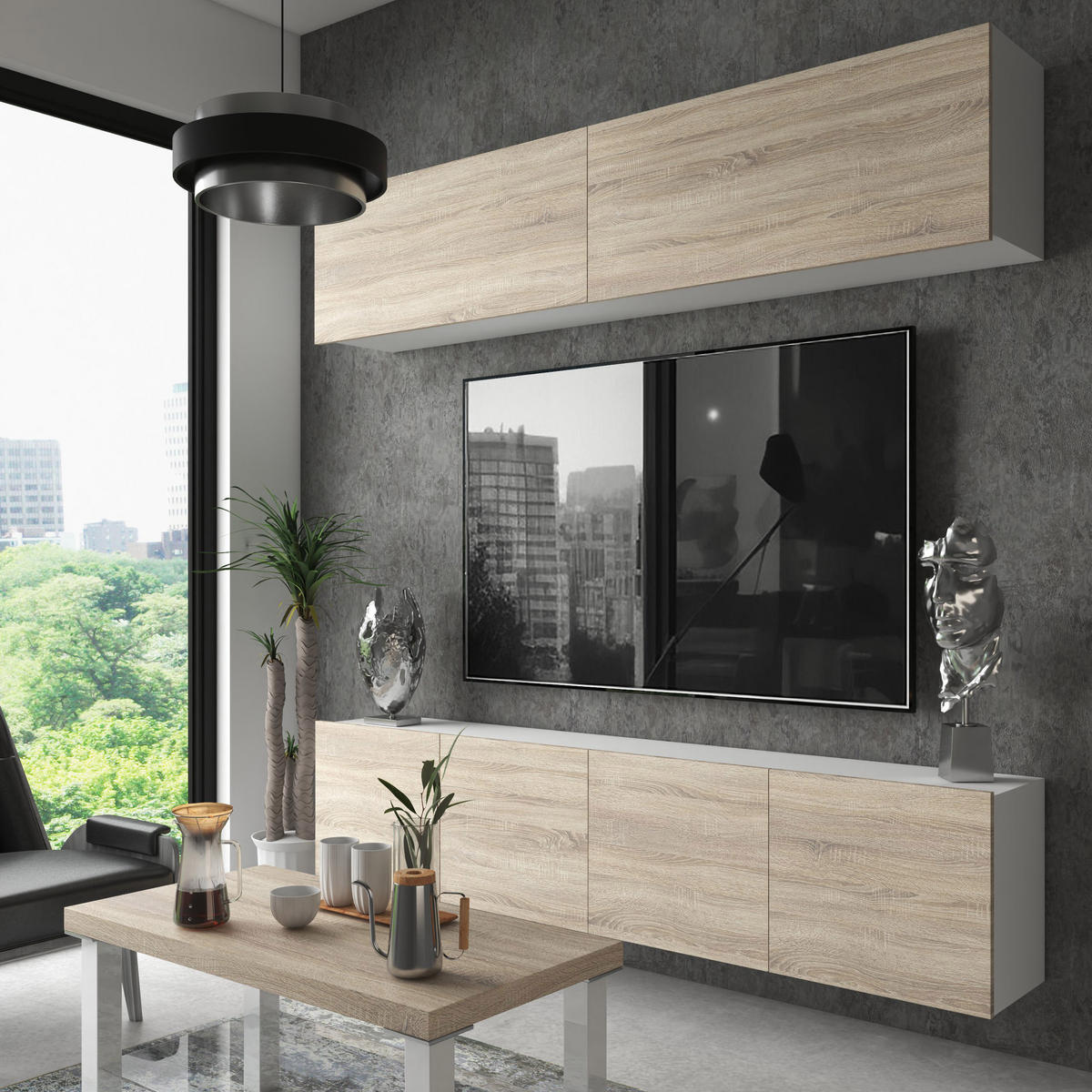 WOHNWAND Milano 6, Sonoma Eiche Matt, 200 cm, Grifflos - Sonoma Eiche, Holz (200/40/36cm) - B BELINI GROUP