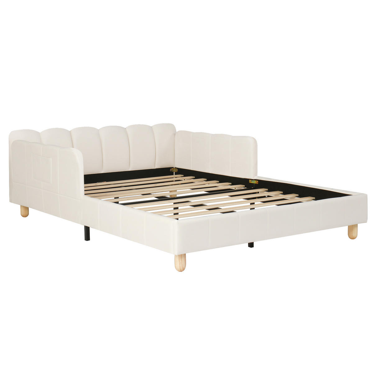 KINDERBETT 140/200 cm aus Samt mit gepolstertem Kopfteil, flexiblem Rausfallschutz und Taschen, Beige - Beige, Textil (140/200cm) - Redom