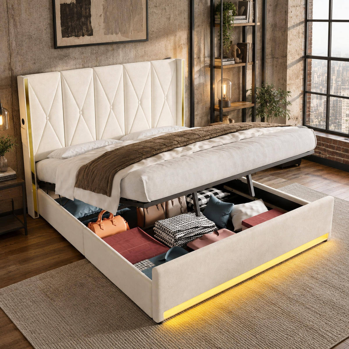 POLSTERBETT 180/200 cm in Beige aus Samt mit Stauraum und LED-Beleuchtung - Beige, Textil (180/200cm) - Flora Grace