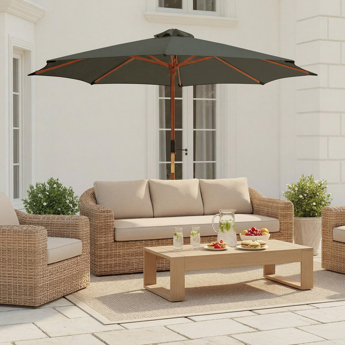 SONNENSCHIRM - Eukalyptus massiv / Polyester - Salbeigrün, Holz/Textil (300/300cm) - home24