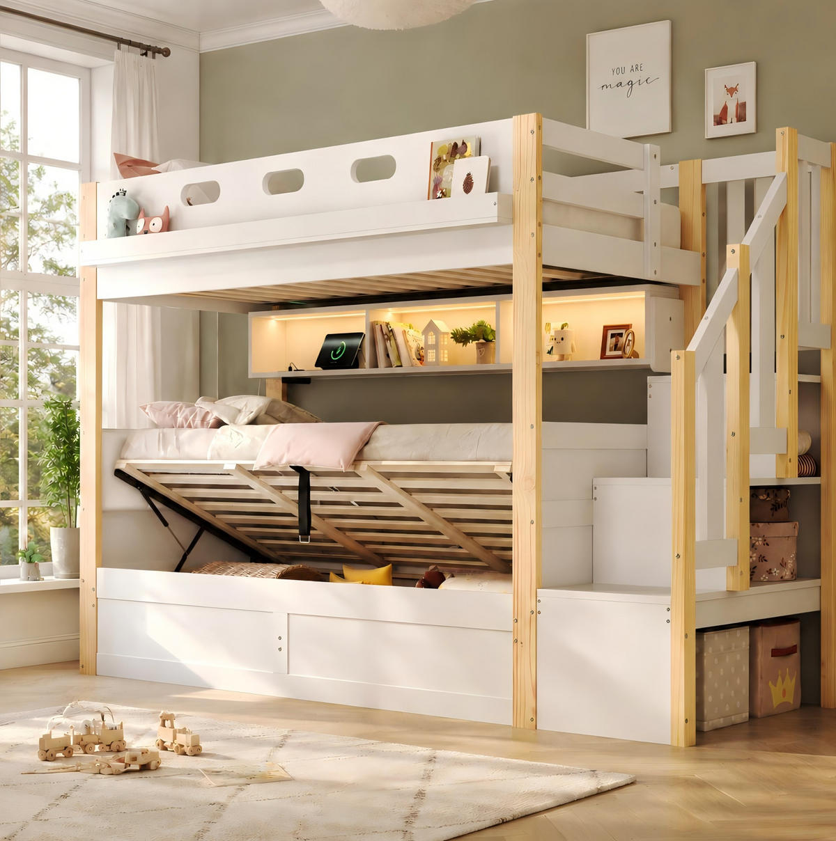 ETAGENBETT 90/200+90/200 cm in Weiß mit Stauraumtreppe und LED-Beleuchtung - Weiß, Holz (90/200cm) - Flora Grace