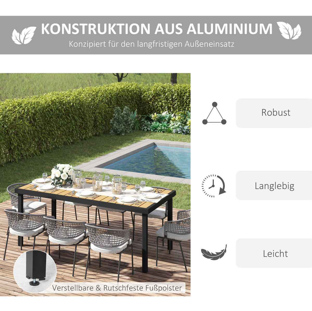 GARTENTISCH 190/90/74 cm für 8 Personen mit Holzoptik-Tischplatte und Aluminiumrahmen, Natur - Naturfarben, Metall (190/90/74cm) - Redom