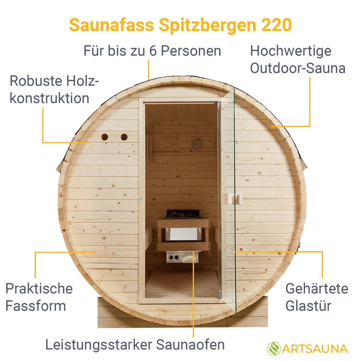 FASSSAUNA Spitzbergen 220 cm mit 8 kW Saunaofen (6 Personen) - Naturfarben, Holz (191/193/220cm) - Artsauna