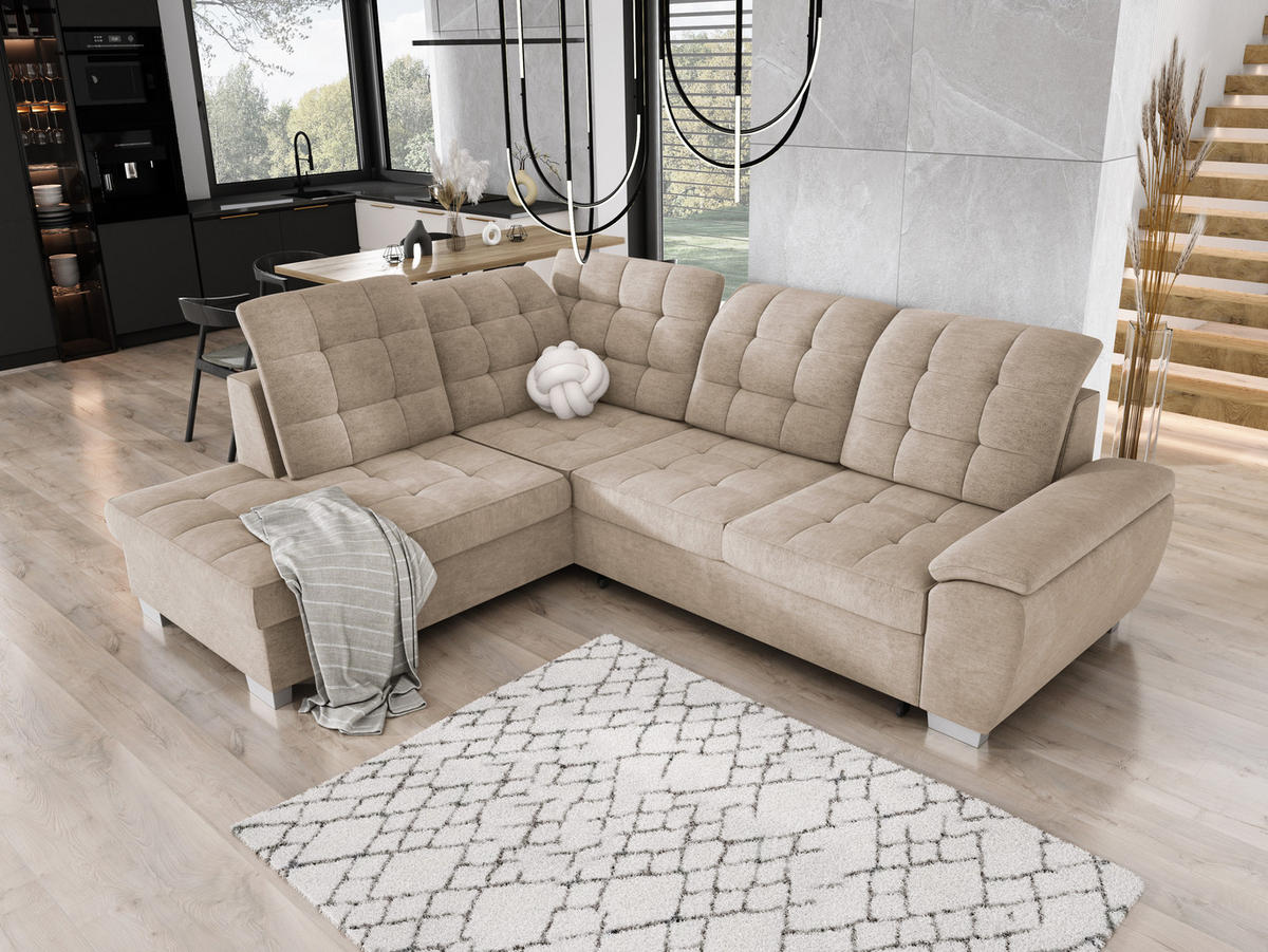 ECKSOFA LOTTA L-förmig Bettkasten verstellbare Kopfstützen hochwertige Verarbeitung lose Rückenkissen freistehend RECHTS 258x212x106 cm Sand-coloured - Sandfarben, Holz/Textil (258/212cm) - DomoHome