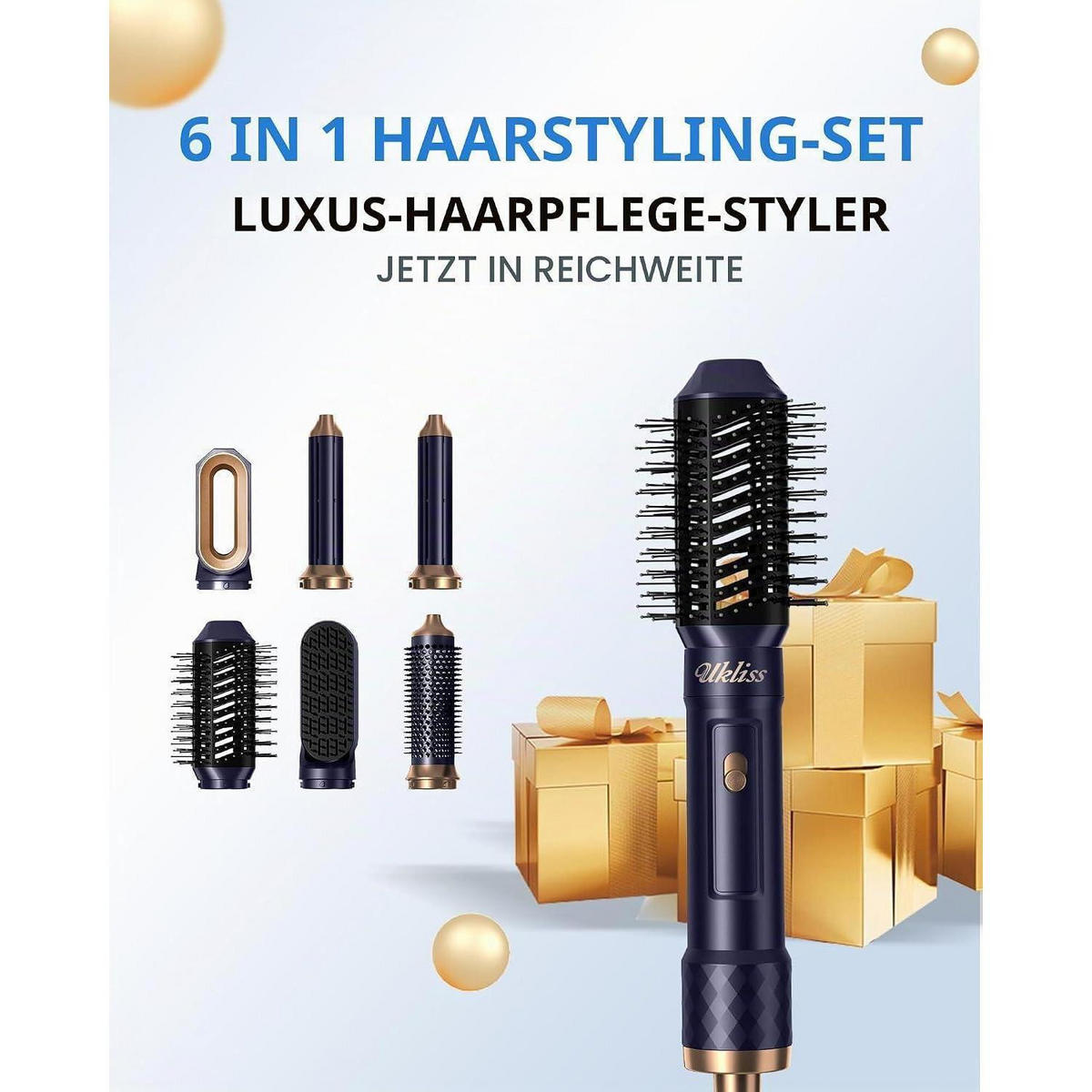 HAARSTYLER 6 in 1 Set mit automatischem Lockenstab und Warmluftbürste Blau - Blau, Kunststoff (20/8/26cm)
