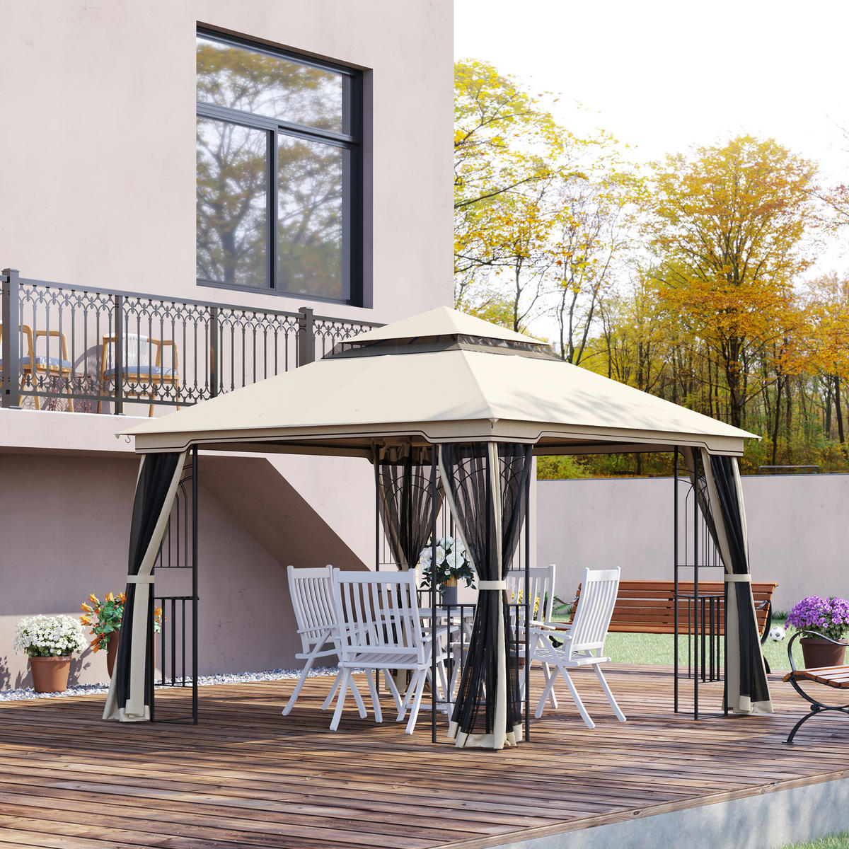 PAVILLON, Beige/Kaffee/Cremeweiß, Metall, Polyester - Beige, Metall (299/274/299cm) - Outsunny
