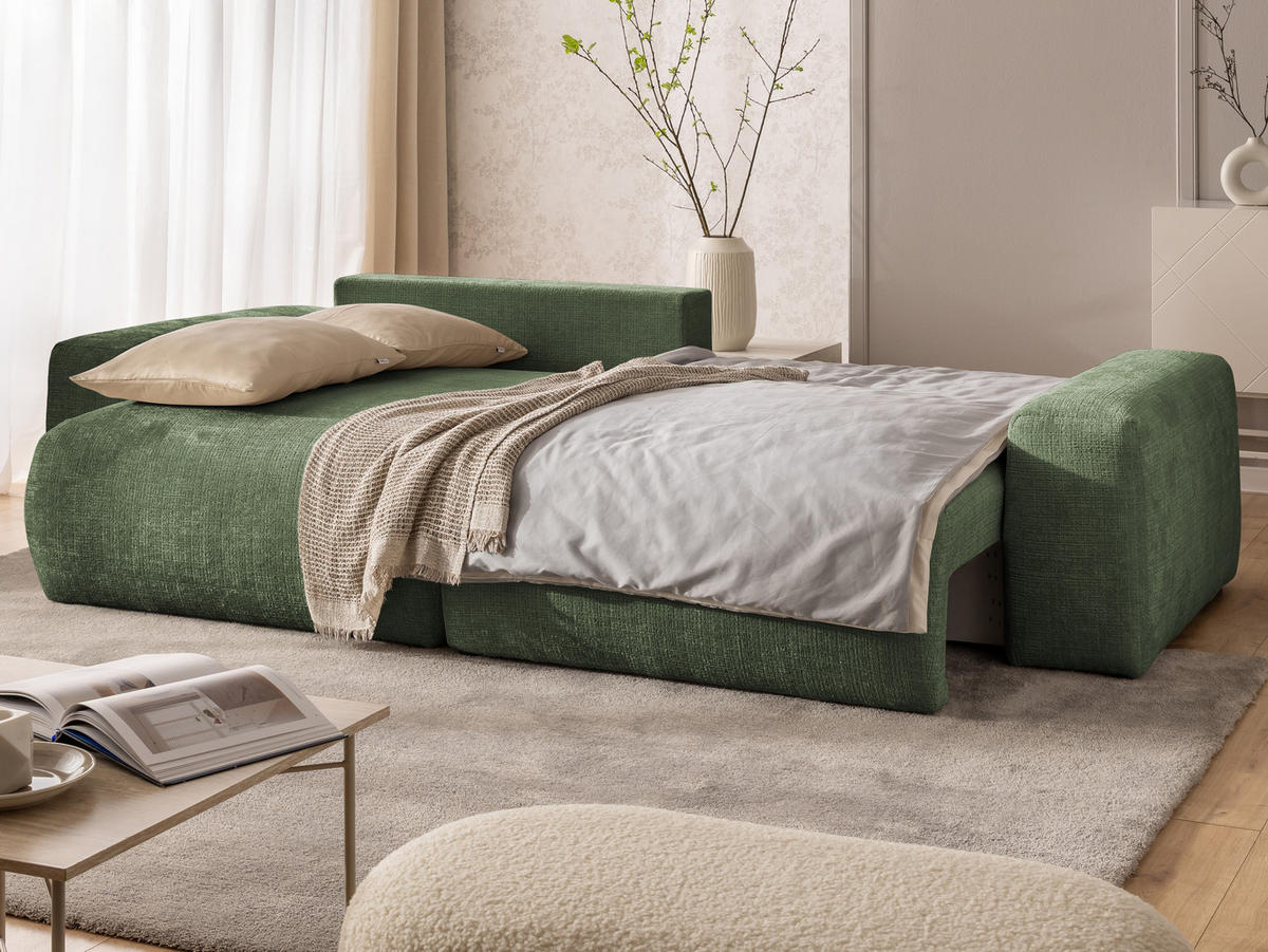 ECKSOFA Puffy mit Schlaffunktion und Bettkasten - besonders weich und puffig aus Grün Chenille-Stoff - Ottomane links - Schwarz/Grün, Holz/Kunststoff (138/266cm) - S-Style Möbel