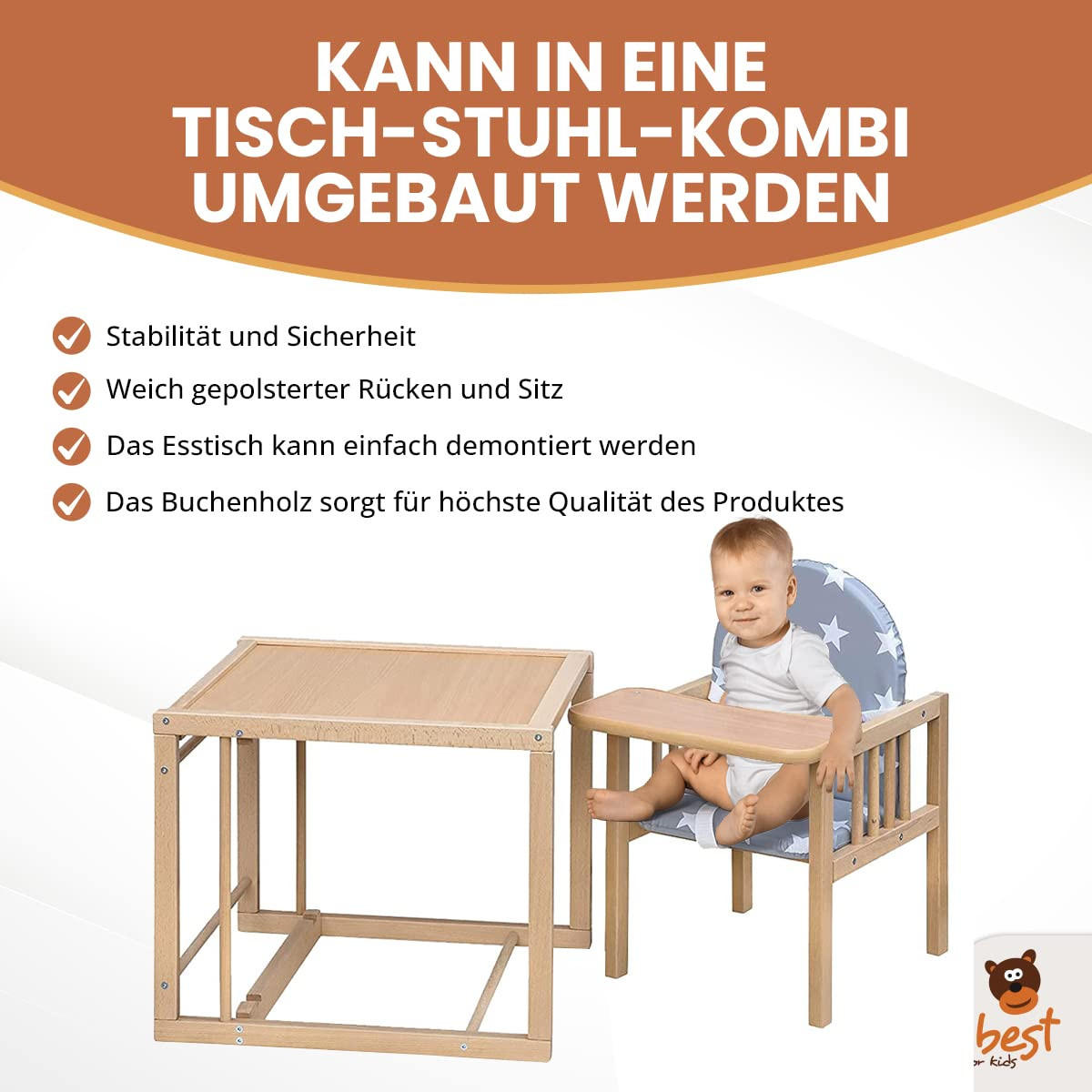 KOMBIHOCHSTUHL Victoria Bärchen | Umbaubarer Kinderstuhl Mit Tisch | Holzhochstuhl Mit Bärchen Design | Ideal Als Esstischstuhl | Schnell Montierbar - Grau, Textil (79/48/46cm) - Best for Kids