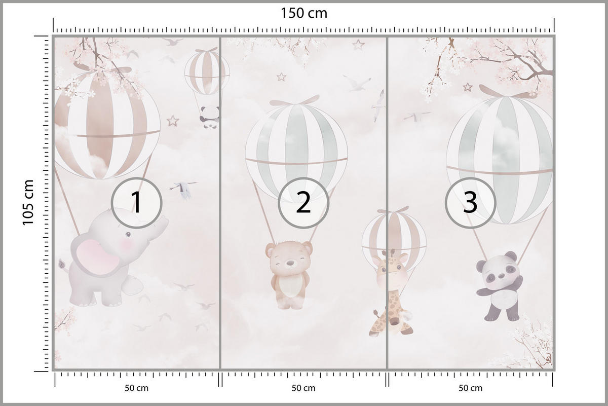 FOTOTAPETE für Kinderzimmer Tiere Himmel Elefant Giraffe Panda Vögel Ballons 150x105 - Multicolor, Papier (150/105cm) - Muralo