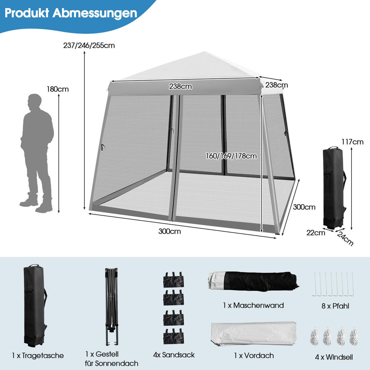 STAN 3x3 m sivý - sivá, plast (300/255/300cm) - COSTWAY
