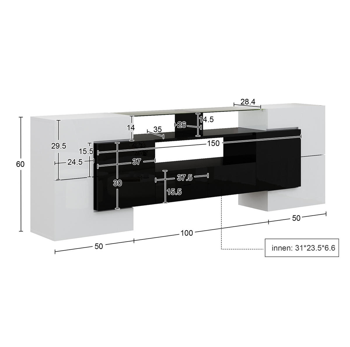 LOWBOARD 200/35/60 cm Weiß/Schwarz aus Spanplatte mit LED-Beleuchtung - Schwarz, Holzwerkstoff (35/60/200cm) - OKMYHOME