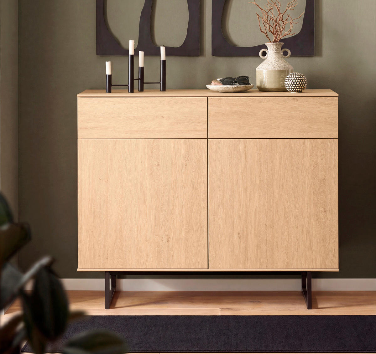 FLURKOMMODE Stone Eiche 115 x 98 cm, Schuhschrank mit Push-to-Open - Eichefarben/Schwarz, Holzwerkstoff/Metall (115/98/40cm) - Furn.Design