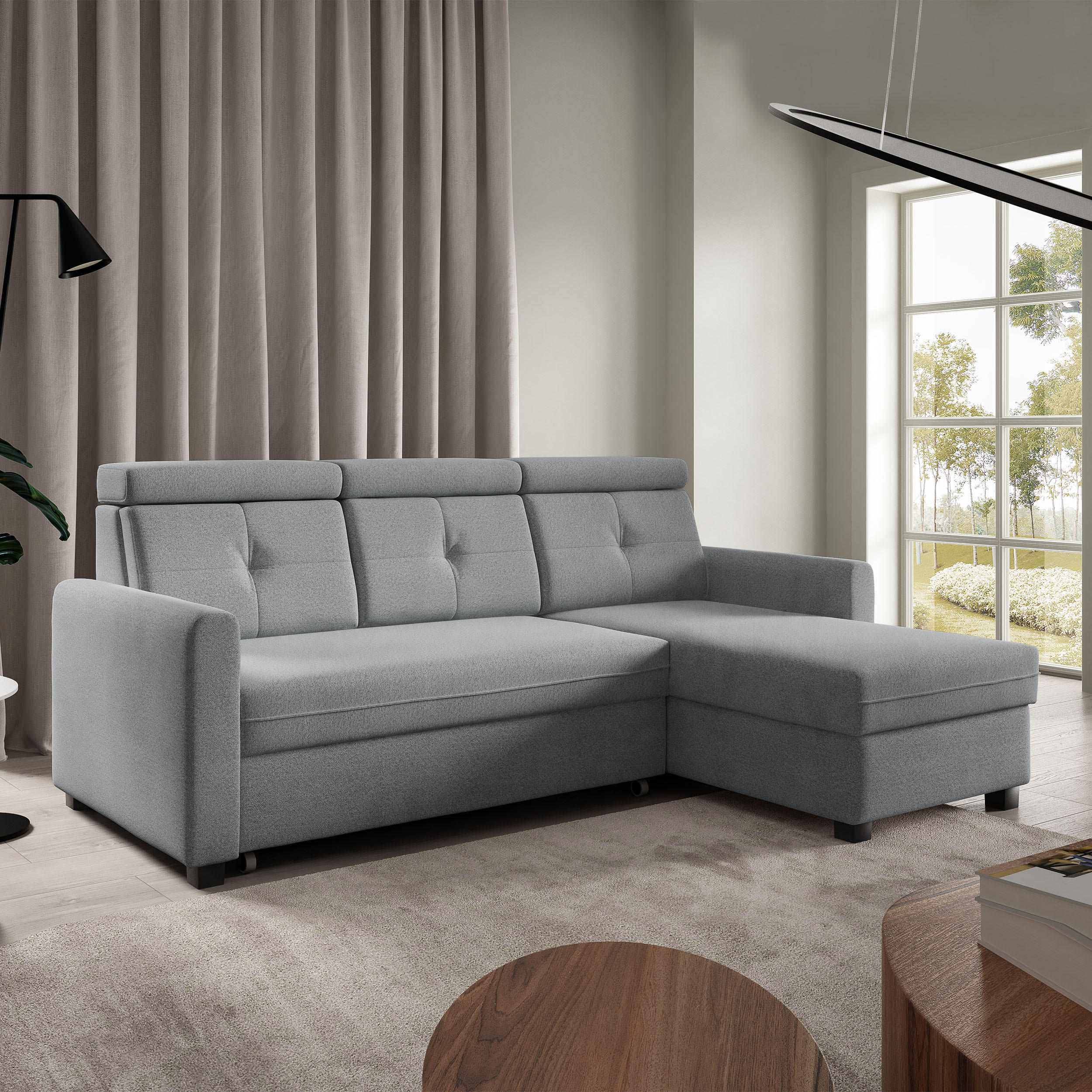 ECKSCHLAFSOFA Milano, Hellgrau, rechts - Hellgrau/Schwarz, Textil (217/166cm) - Beautysofa