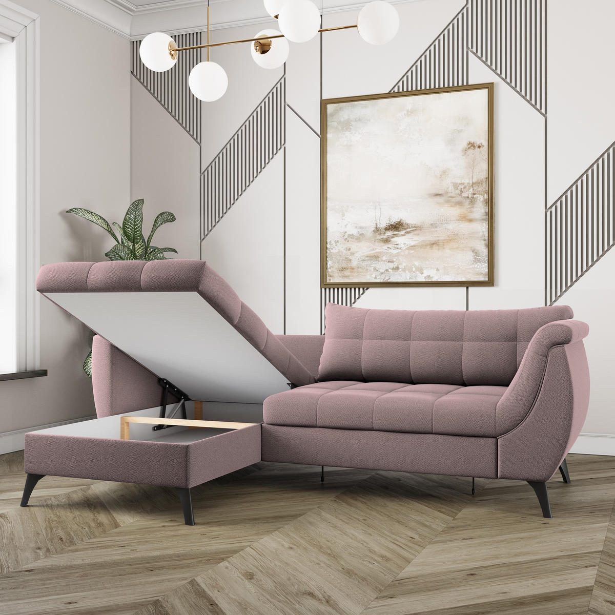 ECKSOFA MOLLIS Rosa Geflochtener-Stoff mit Schlaffunktion - Rosa, Holz (241/154cm) - MASSENO