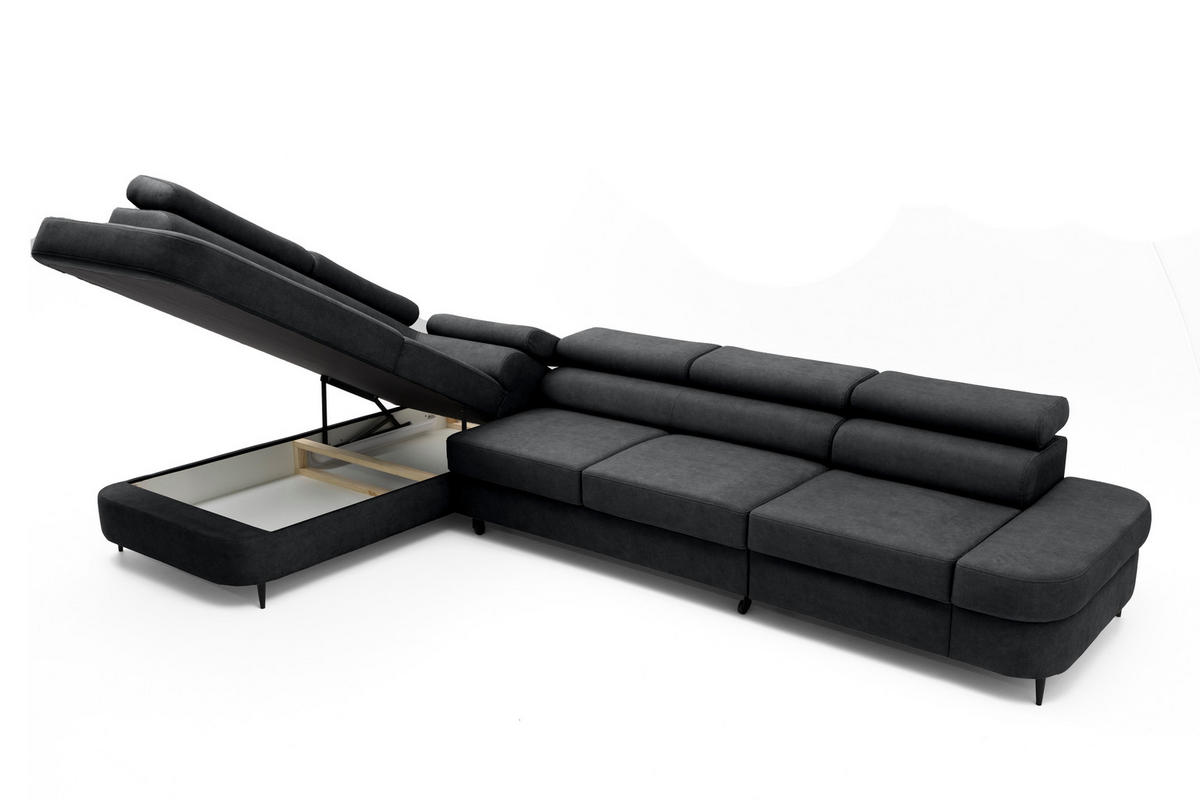 ECKSOFA PRIAM MAXI L-Form mit Schlaffunktion & Bettkasten, 6-Sitzer, 350cm, Verstellbare Kopfstützen, Ottomane Links - Anthrazit, Holz/Textil (350/203cm) - Muffo