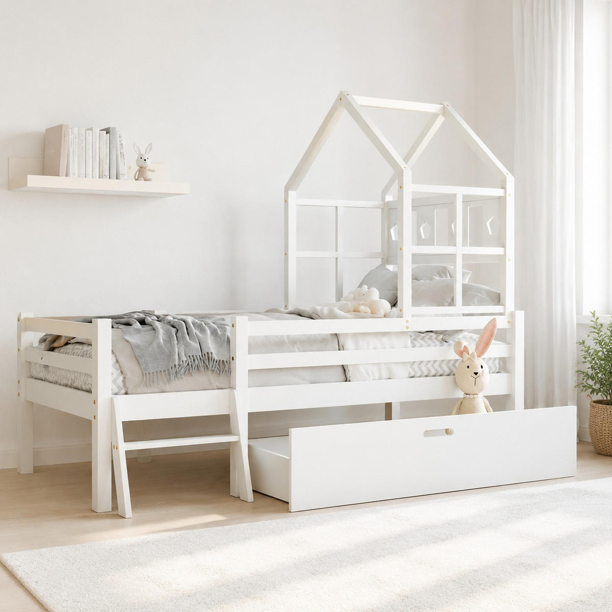KINDERBETT 90/200 mit Schublade, Leiter und Rausfallschutz in Weiß - Weiß, Holzwerkstoff (90/200cm) - EVRYAE