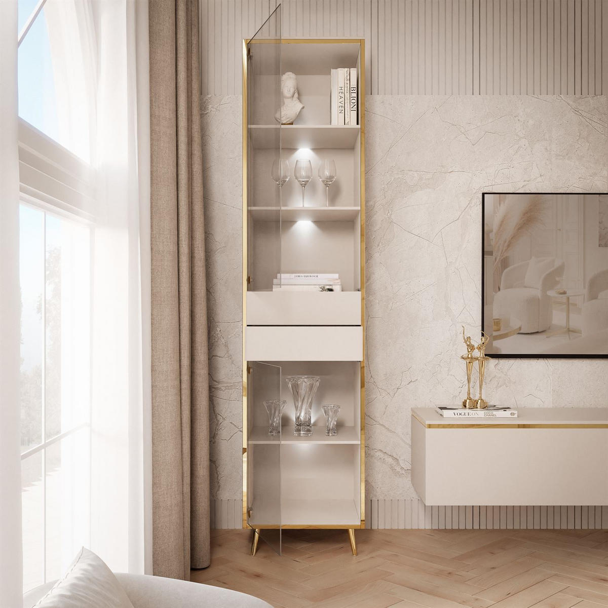 VITRINE AURORA in Kaschmir mit LED-Beleuchtung mit schräge Goldchrom Fuße - Kaschmir/Goldfarben, Holzwerkstoff/Metall (45/194/40cm) - Lookway