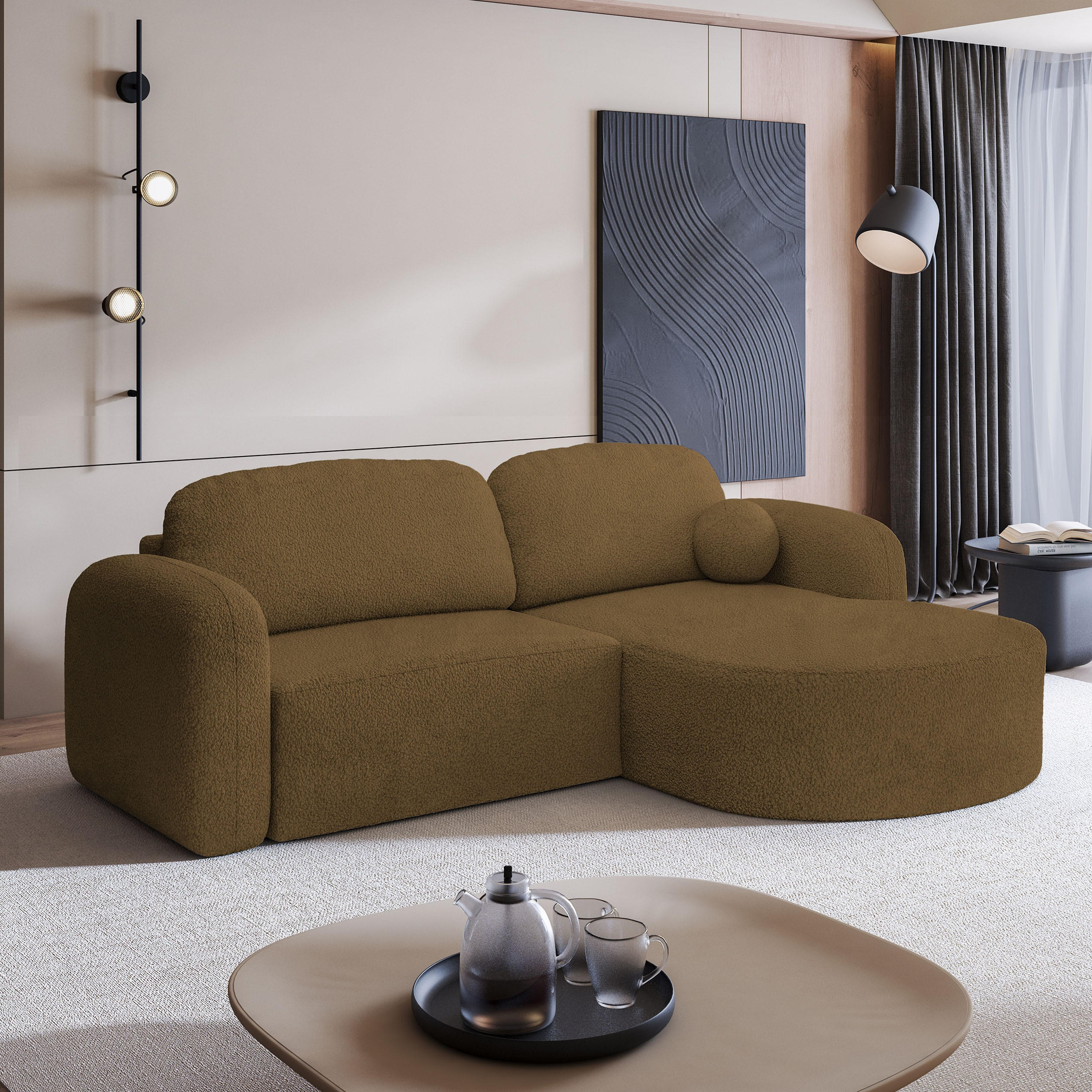 ECKSOFA AMILIA R-S Orange Boucle-Stoff mit Schlaffunktion - Orange, Holz (263/174cm) - MASSENO