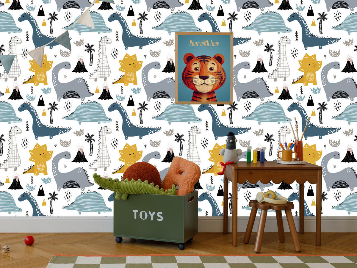 VLIESTAPETE Dinosaurier und Vulkane – Blau, Gelb, Schwarz, Weiß – 50x1000 cm - Blau/Gelb, Papier (50/1000cm) - Muralo