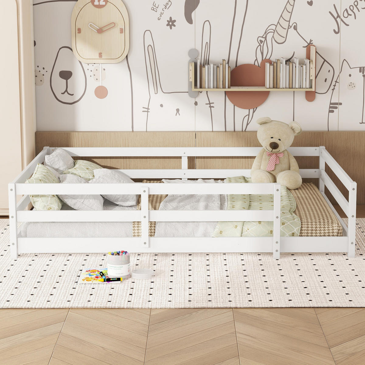 KINDERBETT 140/200 cm weiß aus Kiefernholz mit 4-seitigem Gitter - Weiß, Holzwerkstoff (140/200cm) - OKWISH