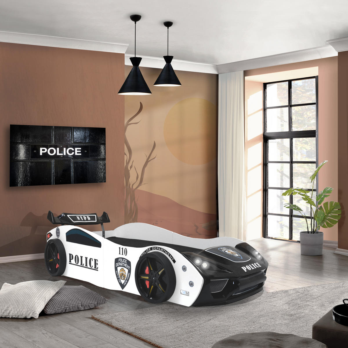 AUTOBETT Police Spielbett für Kinder 90x200 inkl. Lattenrost - Schwarz, Holzwerkstoff (90/200cm) - Aileenstore