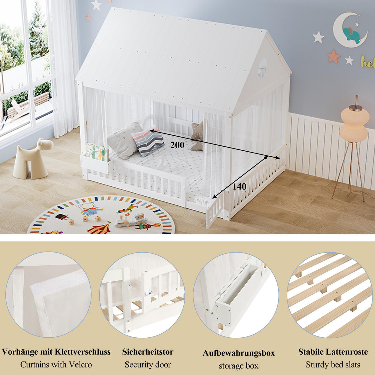 KINDERBETT 140/200 cm mit Dachdetails, Vorhängen und Stauraumfach, Kiefer/MDF/Sperrholz, Weiß - Weiß, Holz (140/200cm) - Redom