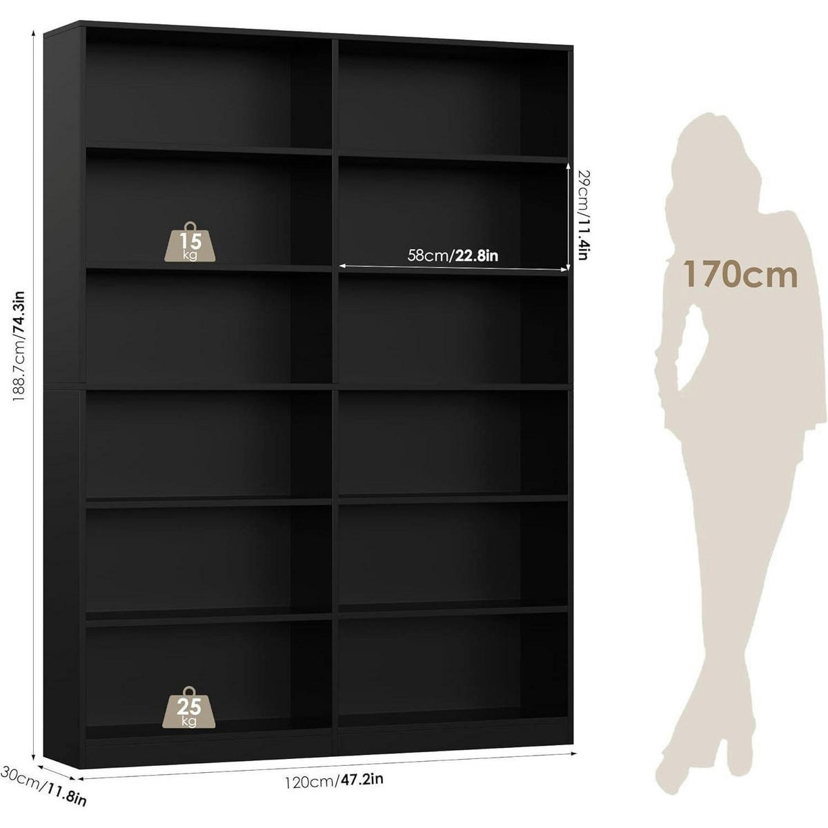 BÜCHERREGAL 120 x 30 x 188,7 cm schwarz - Schwarz, Holzwerkstoff (120/188.7/30cm)